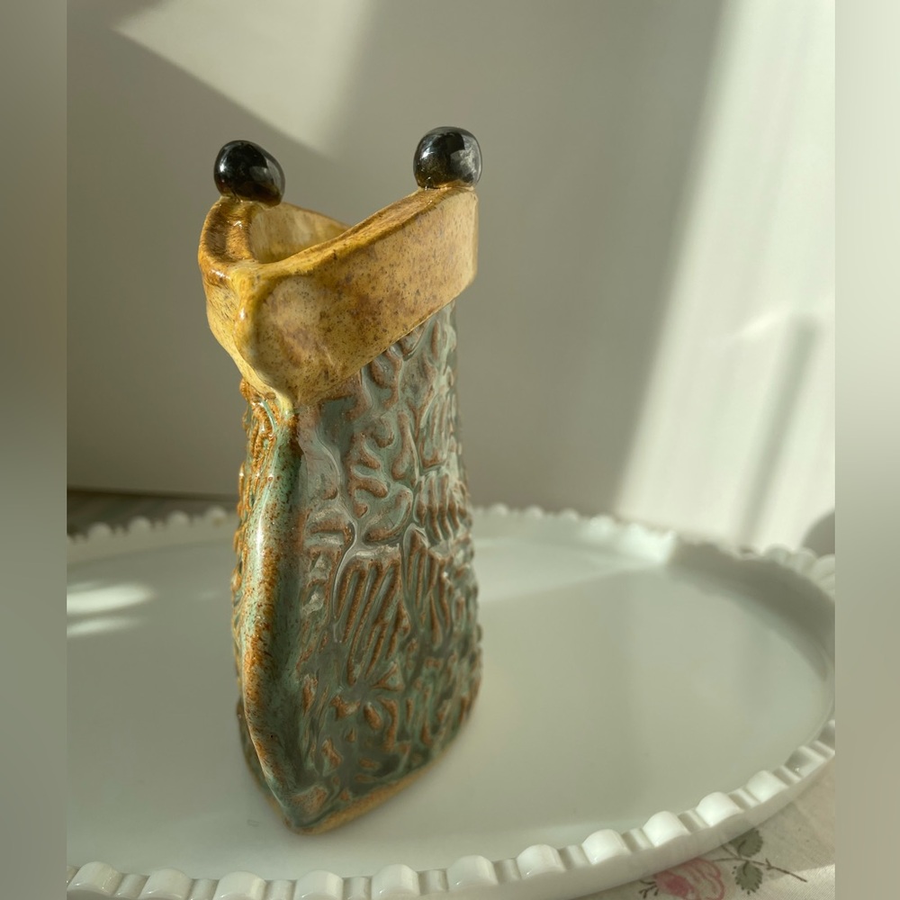 Handcrafted Stoneware Purse Vase with Green and Brown Glaze Signed by Artist - Picture 11 of 17